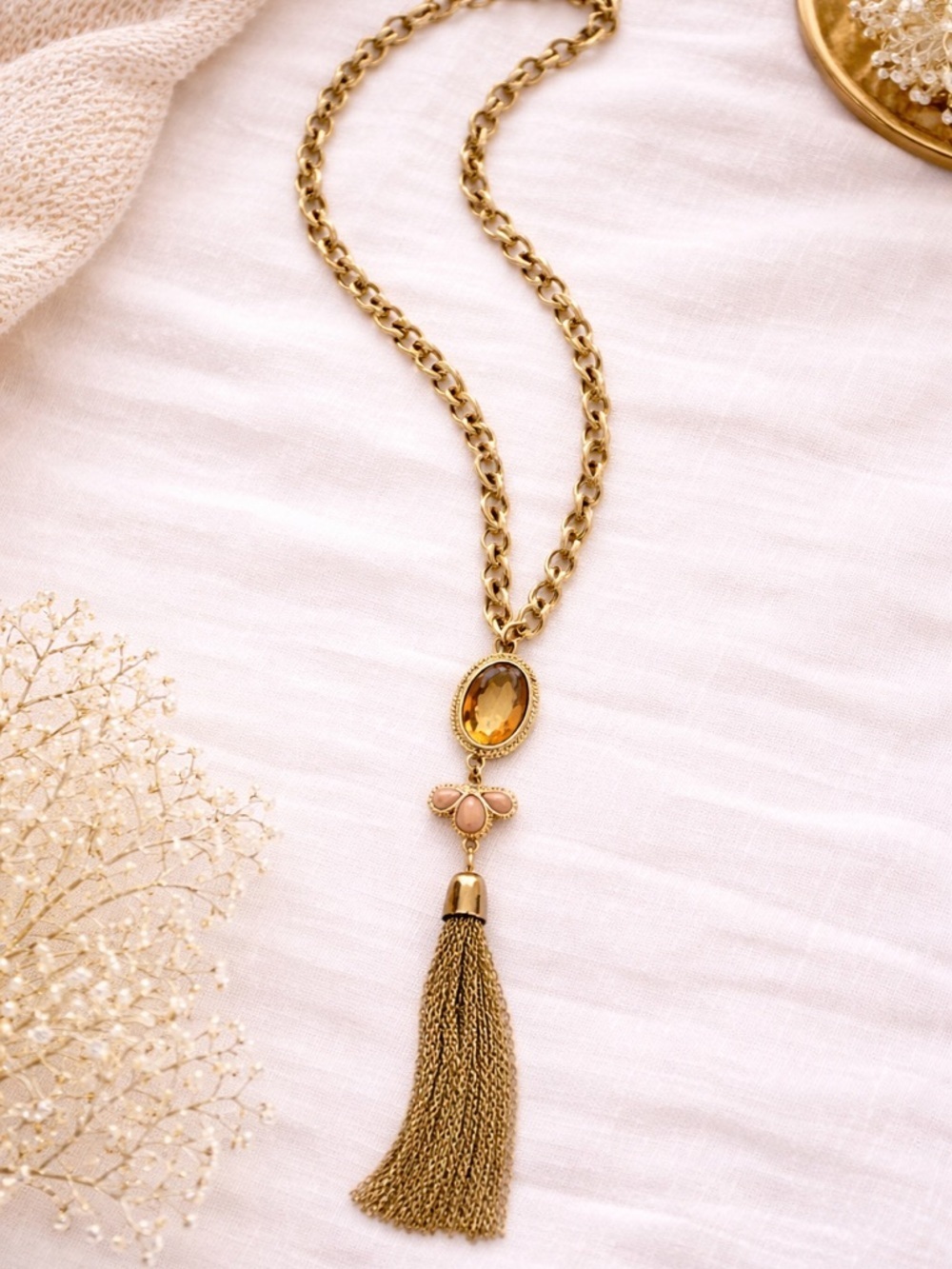Boho Gold Tassel Pendant Long Statement Necklace with Amber and Pink Accents